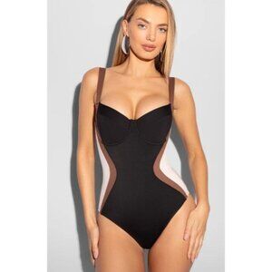 TA3 Lifty Mega Sculpt One-Piece Swimsuit Medium XLong F/G Cup Cinch Black Mocha